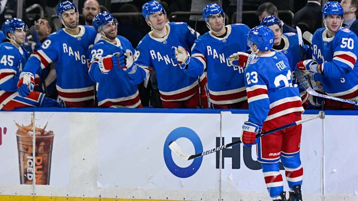 Apr 8, 2026; New York, New York, USA; New York Rangers defenseman Adam Fox (23) celebrates his goal against the Buffalo Sabres during the second period at Madison Square Garden. Mandatory Credit: Dennis Schneidler-Imagn Images