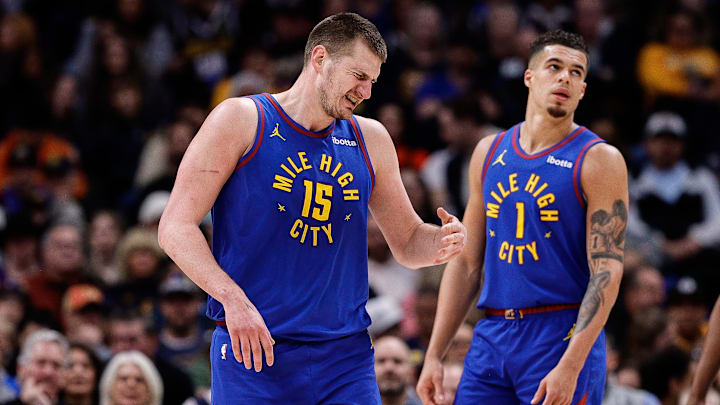 Mar 9, 2024; Denver, Colorado, USA; Denver Nuggets center Nikola Jokic (15) reacts