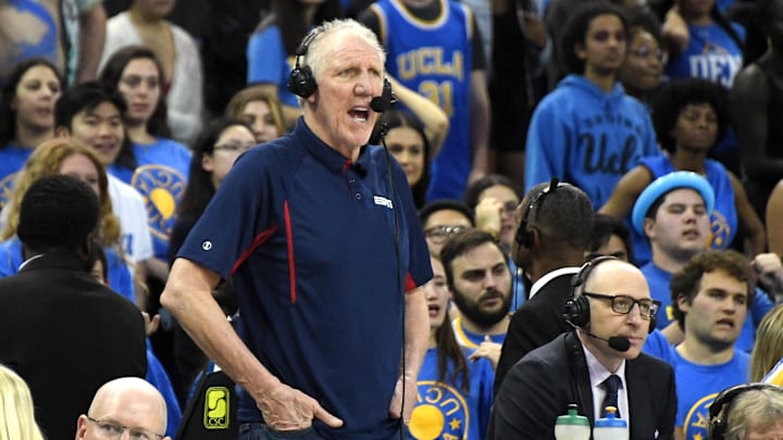 Feb 28, 2019; Los Angeles, CA, USA; ESPN broadcasters Bill Walton (left) and Dave Pasch in the second half of an NCAA basketball game between the Southern California Trojans and the UCLA Bruins at Pauley Pavilion.Mandatory Credit: Kirby Lee-Imagn Images Feb 28, 2019; Los Angeles, CA, USA; ESPN broadcasters Bill Walton (left) and Dave Pasch in the second half of an NCAA basketball game between the Southern California Trojans and the UCLA Bruins at Pauley Pavilion.Mandatory Credit: Kirby Lee-Imagn Images