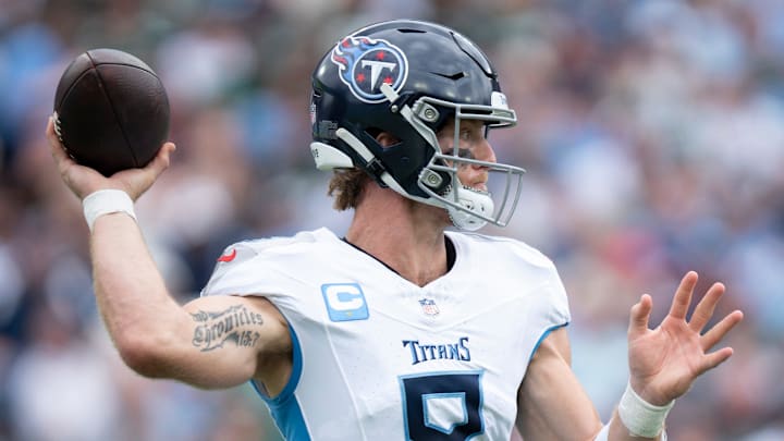 Tennessee Titans quarterback Will Levis (8) throws against the New York Jets during their game at Nissan Stadium in Nashville, Tenn., Sunday, Sept. 15, 2024. Tennessee Titans quarterback Will Levis (8) throws against the New York Jets during their game at Nissan Stadium in Nashville, Tenn., Sunday, Sept. 15, 2024.