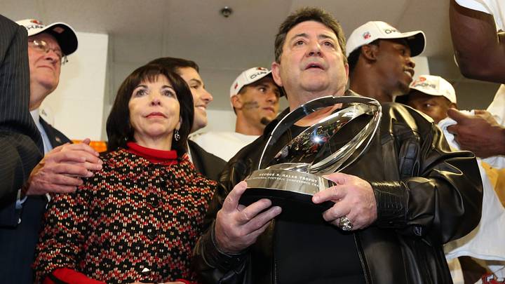 Jan 20, 2013; Atlanta, GA, USA; San Francisco 49ers former owner Eddie DeBartolo (right) and co-chair Denise DeBartolo York (left) present the trophy for the NFC Championship game against the Atlanta Falcons at the Georgia Dome. The 49ers won 28-24. Mandatory Credit: Matthew Emmons-USA TODAY Sports