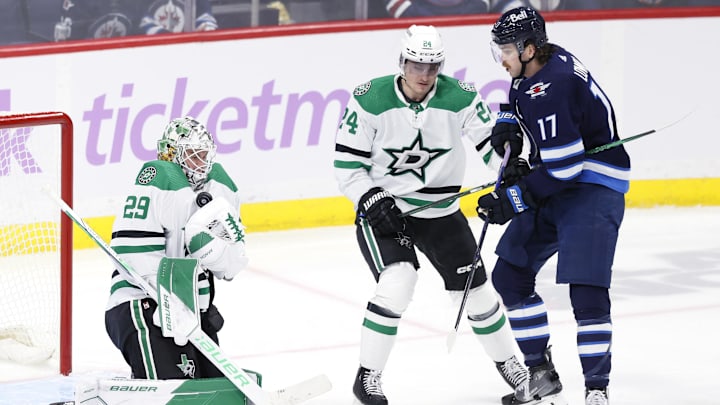 Nov 28, 2023; Winnipeg, Manitoba, CAN; Dallas Stars goaltender Jake Oettinger (29) blocks a shot by