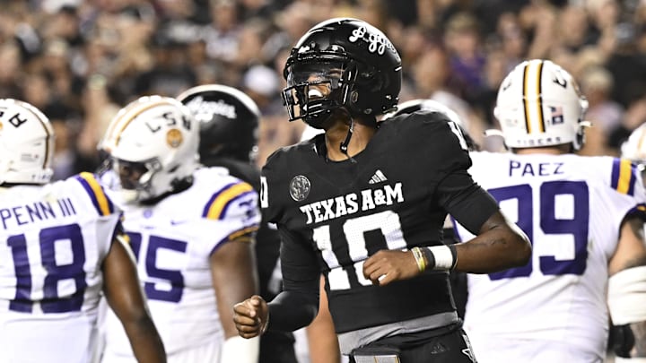 Oct 26, 2024; College Station, Texas, USA; Texas A&M Aggies quarterback Marcel Reed (10) reacts against the LSU Tigers during the third quarter. The Aggies defeated the Tigers 38-23; at Kyle Field. Mandatory Credit: Maria Lysaker-Imagn Images. 