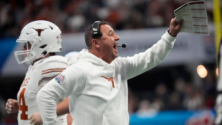 Texas head coach Steve Sarkisian directs his player against Arizona State during the second quarter of the Chick-fil-A Peach Bowl in Atlanta on Wednesday, Jan. 1, 2025.