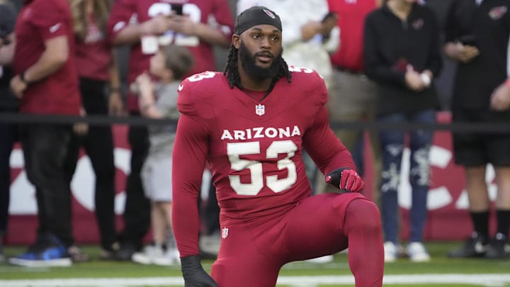 Arizona Cardinals linebacker Baron Browning (53) warms up before playing against the New York Jets at State Farm Stadium in Glendale on Nov. 10, 2024. Arizona Cardinals linebacker Baron Browning (53) warms up before playing against the New York Jets at State Farm Stadium in Glendale on Nov. 10, 2024.