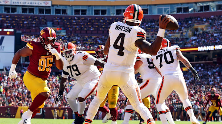 Oct 6, 2024; Landover, Maryland, USA; Cleveland Browns quarterback Deshaun Watson (4) throws a pass against Washington Commanders defensive tackle Jer'Zhan Newton (95) during the second quarter at NorthWest Stadium. Oct 6, 2024; Landover, Maryland, USA; Cleveland Browns quarterback Deshaun Watson (4) throws a pass against Washington Commanders defensive tackle Jer'Zhan Newton (95) during the second quarter at NorthWest Stadium.
