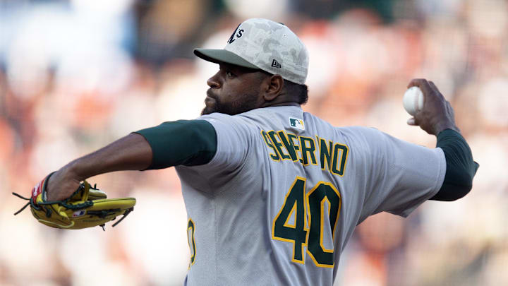 May 17, 2025; San Francisco, California, USA; Athletics starting pitcher Luis Severino (40) delivers a pitch against the San Francisco Giants during the second inning at Oracle Park. Mandatory Credit: D. Ross Cameron-Imagn Images