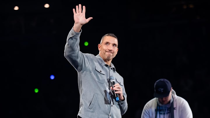 Penn State Nittany Lions football coach Matt Campbell waves to the crowd during a Big Ten wrestling match vs, Nebraska.