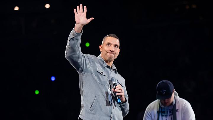 Penn State Nittany Lions football coach Matt Campbell waves to the crowd during a Big Ten wrestling match vs. Nebraska. 