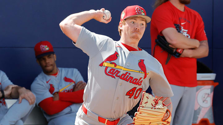 Feb 16, 2026; Jupiter, FL, USA; St. Louis Cardinals pitcher Hunter Dobbins (40) throws a pitch during spring training workouts at Roger Dean Stadium. Mandatory Credit: Reinhold Matay-Imagn Images Feb 16, 2026; Jupiter, FL, USA; St. Louis Cardinals pitcher Hunter Dobbins (40) throws a pitch during spring training workouts at Roger Dean Stadium. Mandatory Credit: Reinhold Matay-Imagn Images