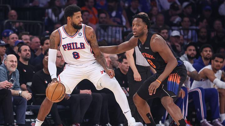 May 6, 2026; New York, New York, USA; Philadelphia 76ers forward Paul George (8) looks to drive past New York Knicks forward Og Anunoby (8) during game five of the second round of the 2026 NBA Playoffs at Madison Square Garden. Mandatory Credit: Wendell Cruz-Imagn Images