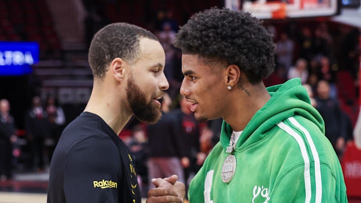 Feb 13, 2025; Houston, Texas, USA; Golden State Warriors guard Stephen Curry (30) shakes hands with Buffalo Bills wide receiver Keon Coleman before a game against the Houston Rockets at Toyota Center. Mandatory Credit: Thomas Shea-Imagn Images Feb 13, 2025; Houston, Texas, USA; Golden State Warriors guard Stephen Curry (30) shakes hands with Buffalo Bills wide receiver Keon Coleman before a game against the Houston Rockets at Toyota Center. Mandatory Credit: Thomas Shea-Imagn Images