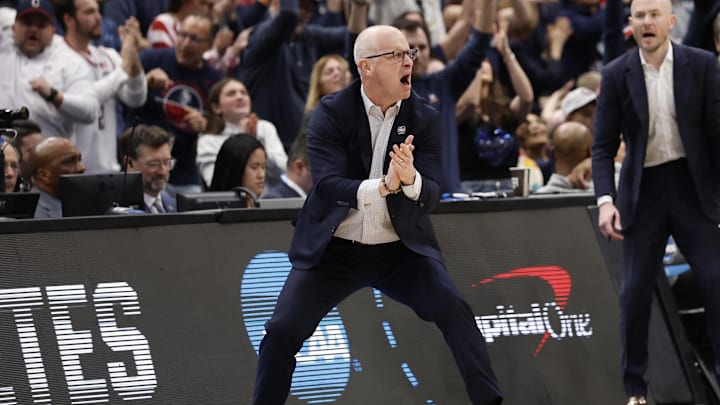 Mar 29, 2026; Washington, DC, USA; UConn Huskies head coach Dan Hurley celebrates after a play against the Duke Blue Devils in the second half during an Elite Eight game of the East Regional of the men's 2026 NCAA Tournament at Capital One Arena.