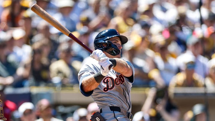 Mar 26, 2026; San Diego, California, USA; Detroit Tigers third baseman Kevin McGonigle (7) hits a double during the third inning against the San Diego Padres at Petco Park. Mandatory Credit: David Frerker-Imagn Images