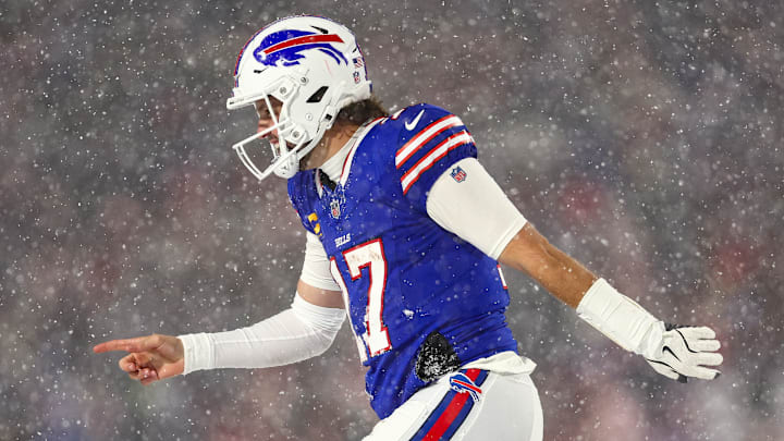 Buffalo Bills quarterback Josh Allen celebrates against the San Francisco 49ers