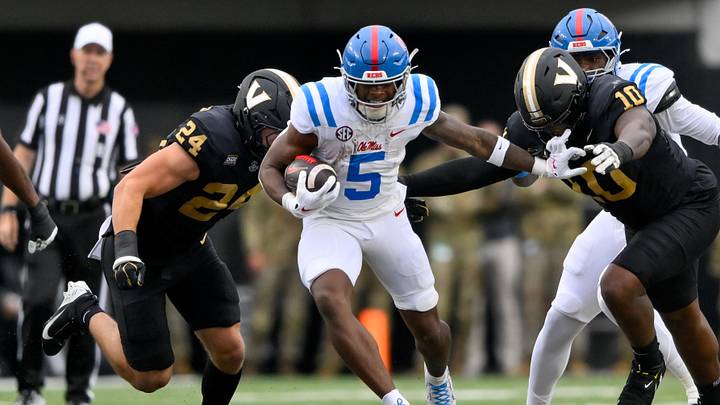 Mississippi Rebels running back Kewan Lacy stiff arms Vanderbilt Commodores edge Brian Allen Jr. during the first half at FirstBank Stadium. Mandatory Credit: Steve Roberts-Imagn Images Mississippi Rebels running back Kewan Lacy stiff arms Vanderbilt Commodores edge Brian Allen Jr. during the first half at FirstBank Stadium. Mandatory Credit: Steve Roberts-Imagn Images