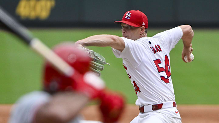 Sep 12, 2024; St. Louis, Missouri, USA;  St. Louis Cardinals starting pitcher Sonny Gray (54) pitches against Cincinnati Reds pinch hitter Amed Rosario (38) during the sixth inning at Busch Stadium. Mandatory Credit: Jeff Curry-Imagn Images