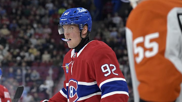 Sep 23, 2024; Montreal, Quebec, CAN; Montreal Canadiens forward Patrik Laine (92) prepares for a face off against the Philadelphia Flyers during the second period at the Bell Centre. Mandatory Credit: Eric Bolte-Imagn Images