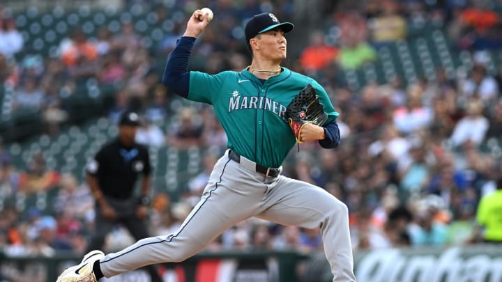Seattle Mariners starting pitcher Bryan Woo throws a pitch against the Detroit Tigers on Aug. 14 at Comerica Park. Seattle Mariners starting pitcher Bryan Woo throws a pitch against the Detroit Tigers on Aug. 14 at Comerica Park.