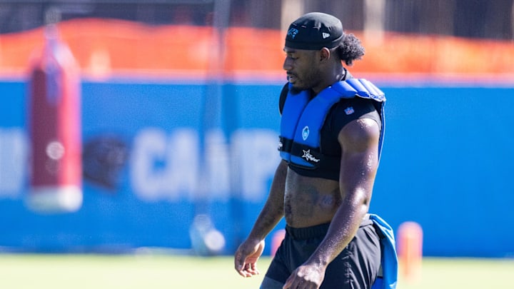 Jul 26, 2025; Charlotte, NC, USA; Carolina Panthers wide receiver Xavier Legette (17) gets warmed up before practice at training camp. Mandatory Credit: Scott Kinser-Imagn Images Jul 26, 2025; Charlotte, NC, USA; Carolina Panthers wide receiver Xavier Legette (17) gets warmed up before practice at training camp. Mandatory Credit: Scott Kinser-Imagn Images
