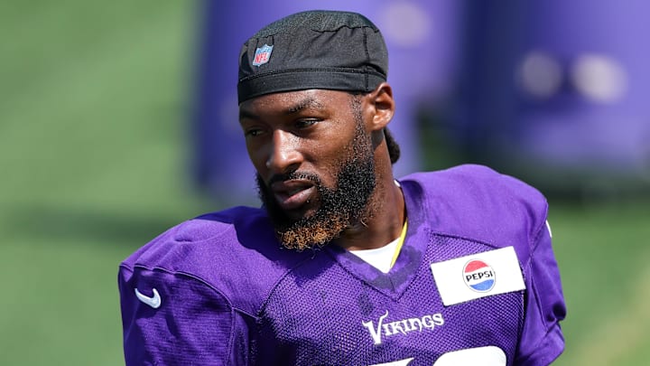 Jul 29, 2025; Eagan, MN, USA; Minnesota Vikings running back Aaron Jones Sr. (33) looks on during the teams training camp at the Minnesota Vikings Training Facility. Mandatory Credit: Matt Krohn-Imagn Images