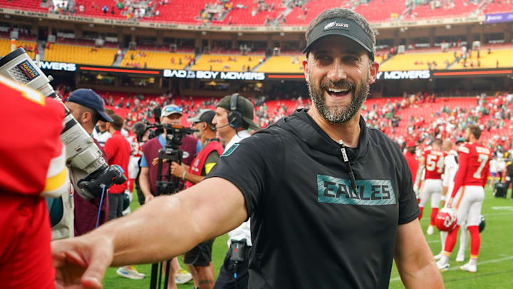 Sep 14, 2025; Kansas City, Missouri, USA; Philadelphia Eagles head coach Nick Sirianni looks on after the game against the Kansas City Chiefs at GEHA Field at Arrowhead Stadium. Mandatory Credit: Denny Medley-Imagn Images Sep 14, 2025; Kansas City, Missouri, USA; Philadelphia Eagles head coach Nick Sirianni looks on after the game against the Kansas City Chiefs at GEHA Field at Arrowhead Stadium. Mandatory Credit: Denny Medley-Imagn Images