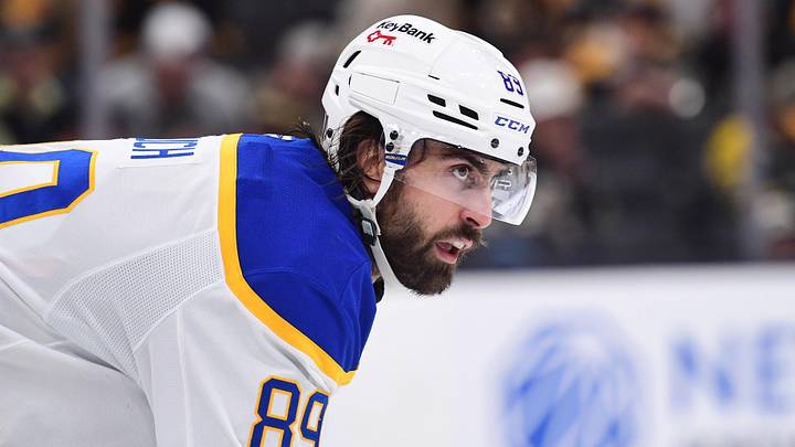 Apr 26, 2026; Boston, Massachusetts, USA; Buffalo Sabres right wing Alex Tuch (89) gets set for a face-off during the third period in game four of the first round of the 2026 Stanley Cup Playoffs against the Boston Bruins at TD Garden. Mandatory Credit: Bob DeChiara-Imagn Images