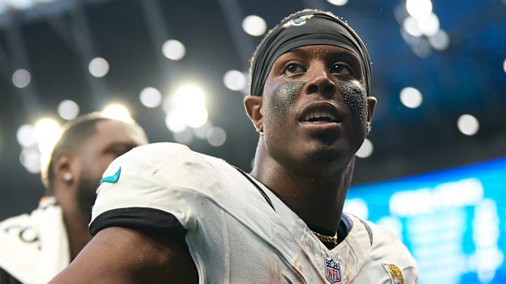 Oct 8, 2023; London, United Kingdom; Jacksonville Jaguars running back Travis Etienne Jr. (1)