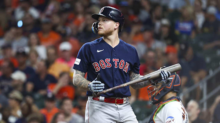 Aug 22, 2023; Houston, Texas, USA; Boston Red Sox right fielder Alex Verdugo (99) reacts after