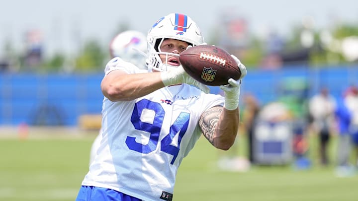 Jun 11, 2025; Orchard Park, NY, USA; Buffalo Bills edge rusher Landon Jackson (94) makes a catch during Minicamp at Highmark Stadium. Mandatory Credit: Gregory Fisher-Imagn Images