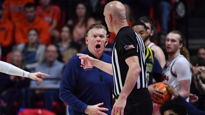 Mar 3, 2026; Champaign, Illinois, USA; Illinois Fighting Illini head coach Brad Underwood reacts to a call during the second half against the Oregon Ducks at State Farm Center. Mandatory Credit: Ron Johnson-Imagn Images Mar 3, 2026; Champaign, Illinois, USA; Illinois Fighting Illini head coach Brad Underwood reacts to a call during the second half against the Oregon Ducks at State Farm Center. Mandatory Credit: Ron Johnson-Imagn Images