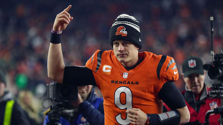 Dec 4, 2022; Cincinnati, Ohio, USA; Cincinnati Bengals quarterback Joe Burrow (9) runs off the field after the victory over the Kansas City Chiefs at Paycor Stadium. Mandatory Credit: Katie Stratman-Imagn Images Dec 4, 2022; Cincinnati, Ohio, USA; Cincinnati Bengals quarterback Joe Burrow (9) runs off the field after the victory over the Kansas City Chiefs at Paycor Stadium. Mandatory Credit: Katie Stratman-Imagn Images
