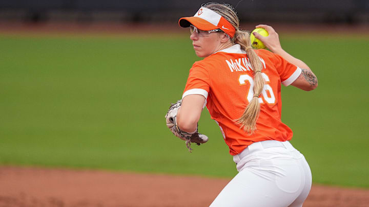 Bandits infielder Sydney McKinney throws to first base for an out as a member of Team Kilfoyl during an Athletes Unlimited Pro (now known as the All-Star Cup) game against Team McQuillin at Max R. Joyner Family Stadium on Aug. 7, 2024 in Greenville, N.C.
