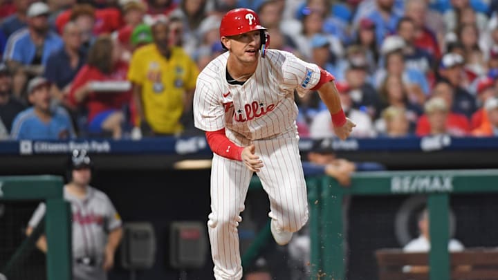 Aug 31, 2024; Philadelphia, Pennsylvania, USA; Philadelphia Phillies outfielder Austin Hays (9) hits a double during the second inning against the Atlanta Braves at Citizens Bank Park. Mandatory Credit: Eric Hartline-Imagn Images