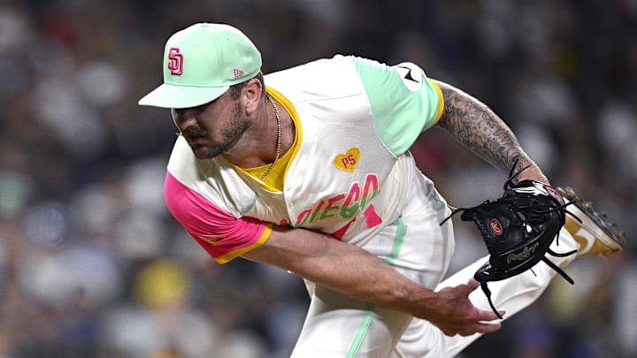 Jul 12, 2024; San Diego, California, USA; San Diego Padres relief pitcher Logan Gillaspie (71) pitches against the Atlanta Braves during the eighth inning at Petco Park. Mandatory Credit: Orlando Ramirez-Imagn Images Jul 12, 2024; San Diego, California, USA; San Diego Padres relief pitcher Logan Gillaspie (71) pitches against the Atlanta Braves during the eighth inning at Petco Park. Mandatory Credit: Orlando Ramirez-Imagn Images