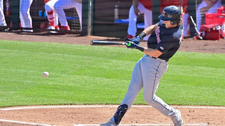 Feb 29, 2024; Tempe, Arizona, USA;  Cleveland Guardians right fielder Chase DeLauter (6) grounds out in the third inning against the Los Angeles Angels during a spring training game at Tempe Diablo Stadium.