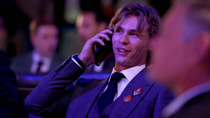 Jun 26, 2026; Buffalo, New York, USA; Gavin McKenna reacts after being selected with the first pick in the first round of the 2026 NHL Draft by the Toronto Maple Leafs at KeyBank Center. Mandatory Credit: Timothy T. Ludwig-Imagn Images