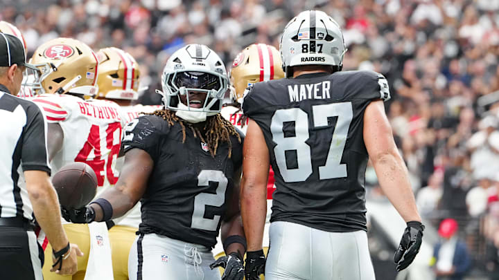 Aug 16, 2025; Paradise, Nevada, USA; Las Vegas Raiders running back Ashton Jeanty (2) celebrates after scoring a touchdown against the San Francisco 49ers during the second quarter at Allegiant Stadium. Mandatory Credit: Stephen R. Sylvanie-Imagn Images