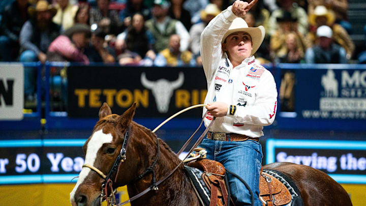 Riley Webb pointing to the crowd after a run at the 2025 NFR