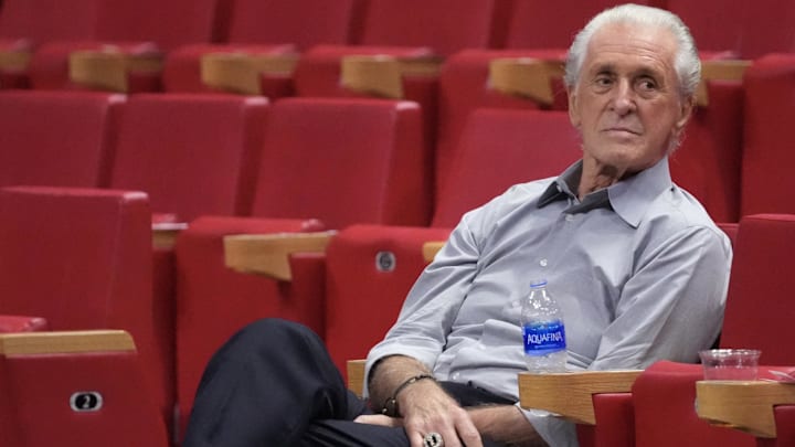 Dec 6, 2021; Miami, Florida, USA; Miami Heat president Pat Riley sits in the arena prior to the game between the Miami Heat and the Memphis Grizzlies at FTX Arena. Mandatory Credit: Jasen Vinlove-Imagn Images