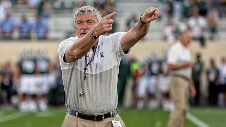Aug 30, 2019; East Lansing, MI, USA; Michigan State Spartans head strength and conditioning coach Ken Mannie reacts prior to a game between the Michigan State Spartans and the Tulsa Golden Hurricane at Spartan Stadium. Mandatory Credit: Mike Carter-Imagn Images