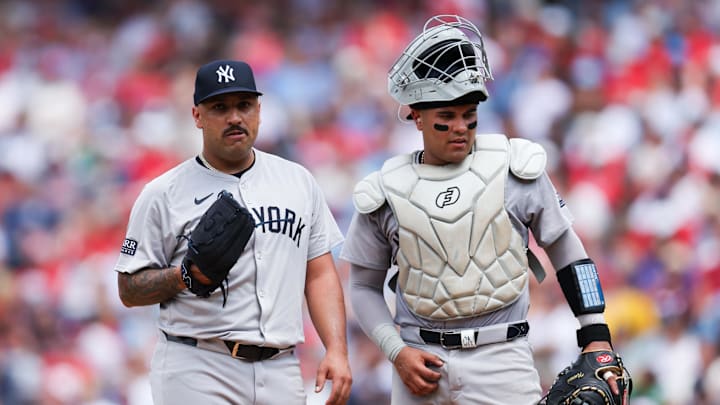 Jul 31, 2024; Philadelphia, Pennsylvania, USA; New York Yankees pitcher Nestor Cortes (L) waits to be relieved next to catcher Carlos Narvaez (R) during the sixth inning against the Philadelphia Phillies at Citizens Bank Park. Mandatory Credit: Bill Streicher-Imagn Images Jul 31, 2024; Philadelphia, Pennsylvania, USA; New York Yankees pitcher Nestor Cortes (L) waits to be relieved next to catcher Carlos Narvaez (R) during the sixth inning against the Philadelphia Phillies at Citizens Bank Park. Mandatory Credit: Bill Streicher-Imagn Images