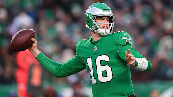 Jan 4, 2026; Philadelphia, Pennsylvania, USA; Philadelphia Eagles quarterback Tanner McKee (16) throws a pass during the second quarter against the Washington Commanders at Lincoln Financial Field. Mandatory Credit: Bill Streicher-Imagn Images