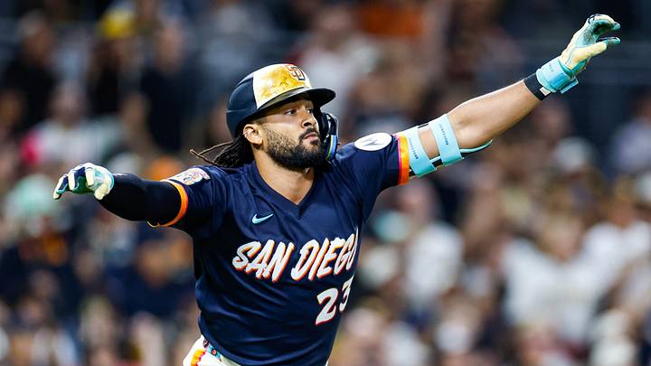 Sep 18, 2026; San Diego, California, USA; San Diego Padres second baseman Fernando Tatis Jr. (23) celebrates after hitting a RBI single during the fifth inning against the Miami Marlins at Petco Park. Mandatory Credit: David Frerker-Imagn Images Sep 18, 2026; San Diego, California, USA; San Diego Padres second baseman Fernando Tatis Jr. (23) celebrates after hitting a RBI single during the fifth inning against the Miami Marlins at Petco Park. Mandatory Credit: David Frerker-Imagn Images