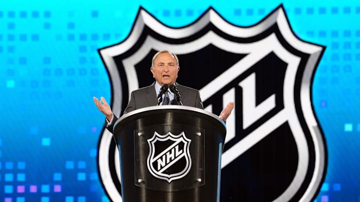 Jun 28, 2024; Las Vegas, Nevada, USA; NHL Commissioner Gary Bettman welcomes fans to the 2024 NHL Draft at The Sphere. Mandatory Credit: Stephen R. Sylvanie-Imagn Images