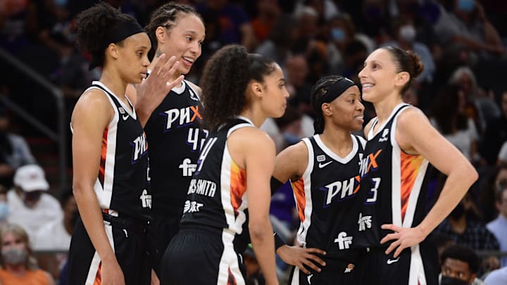 Oct 13, 2021; Phoenix, Arizona, USA; Phoenix Mercury players huddle against the Chicago Sky during the second half of game two of the 2021 WNBA Finals at Footprint Center. Mandatory Credit: Joe Camporeale-Imagn Images