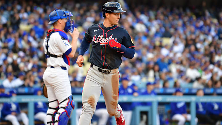 Apr 2, 2025: Atlanta Braves right fielder Stuart Fairchild (17) scores during the second inning against the Los Angeles Dodgers at Dodger Stadium. 