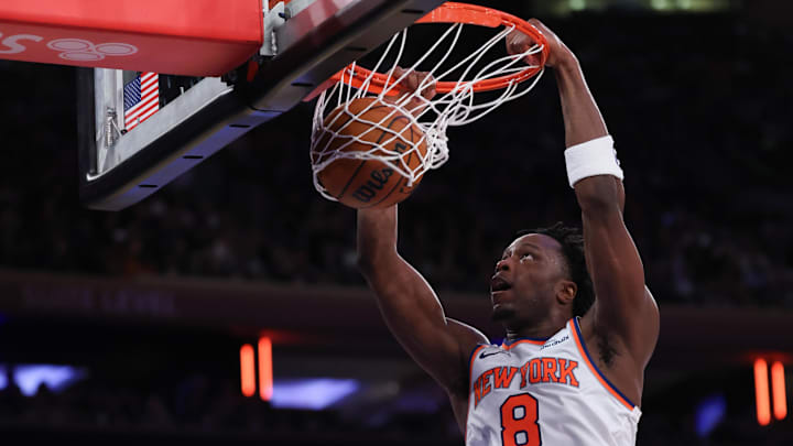 Nov 2, 2025; New York, New York, USA; New York Knicks forward OG Anunoby (8) dunks the ball during the second half against the Chicago Bulls at Madison Square Garden. Mandatory Credit: Vincent Carchietta-Imagn Images