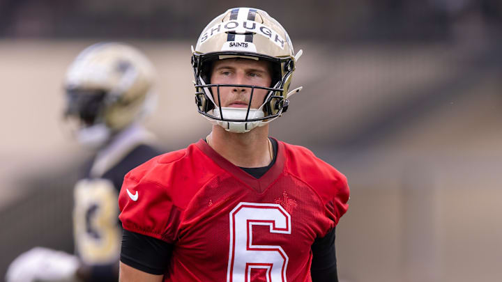 Jun 10, 2025; New Orleans, LA, USA;  New Orleans Saints quarterback Tyler Shough (6) looks on during minicamp at Ochsner Sports Performance Center. Mandatory Credit: Stephen Lew-Imagn Images