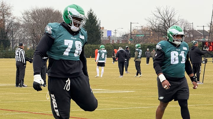 Eagles offensive linemen Myles Hinton (left) nd Willie Lampkin could be good depth options when the team places Lane Johnson on injured reserve and possibly Cam Jurgens, too. Eagles offensive linemen Myles Hinton (left) nd Willie Lampkin could be good depth options when the team places Lane Johnson on injured reserve and possibly Cam Jurgens, too.
